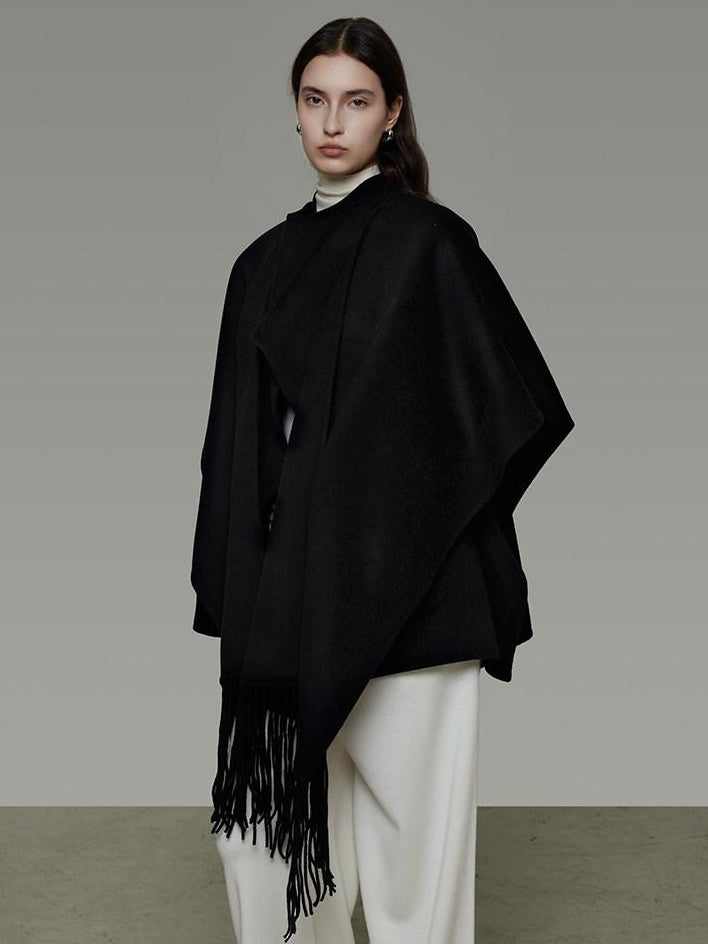 unspoken Pure Sheepswool Fringed Cape Commuter Women Structured Black Wool Coats