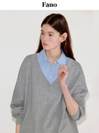fano Soft Cotton Blend Colorblock Polo Collar Loose Knit Pullover Women Sweaters
