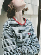 fano Moisture Wicking Casual Loose Patchwork Stripe Black Womens Long Sleeve T-Shirts