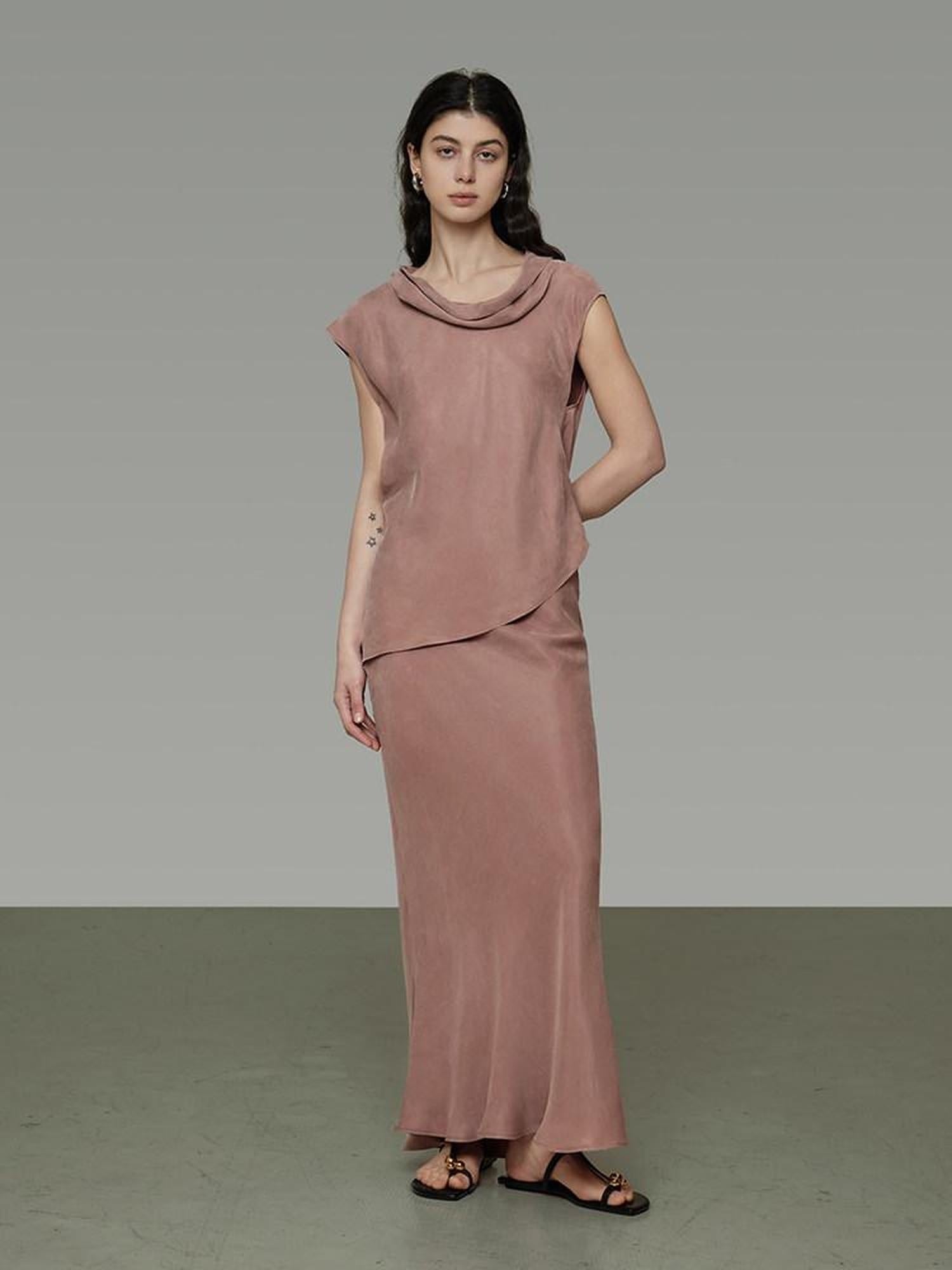 unspoken Smoky Pink Lined Minimal Commuter Mid Rise H Cut Solid Maxi Skirts
