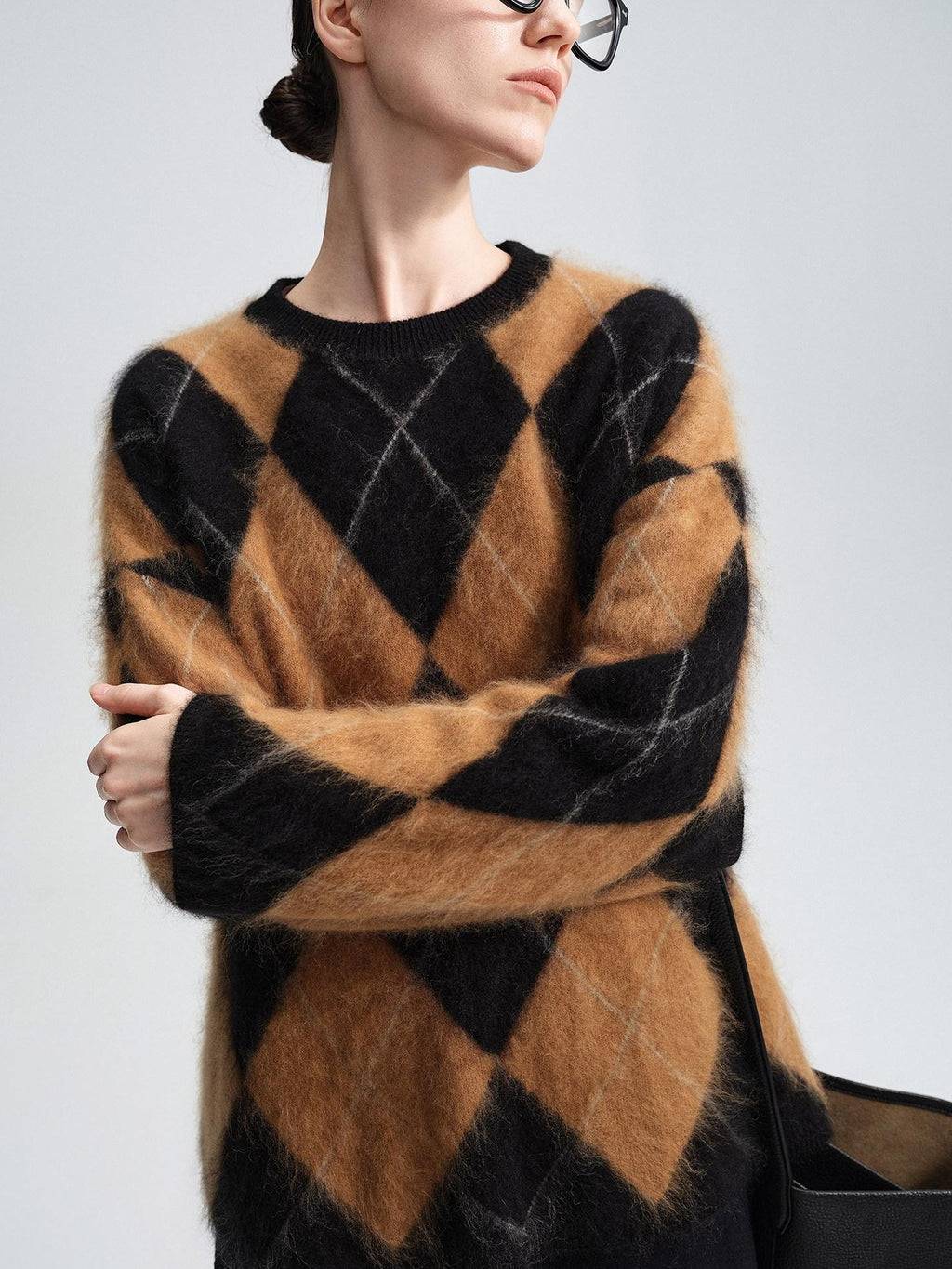 audreyyang Thick Wool Cashmere Vintage Straight Fit Brown Diamond Knit Women Sweaters