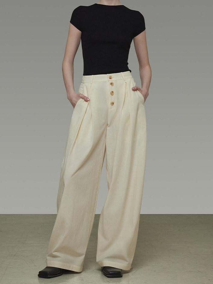 unspoken High Waist Lyocell Blend Pleated Button Minimal Workwear Wide Leg Pants