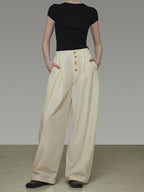 unspoken High Waist Lyocell Blend Pleated Button Minimal Workwear Wide Leg Pants