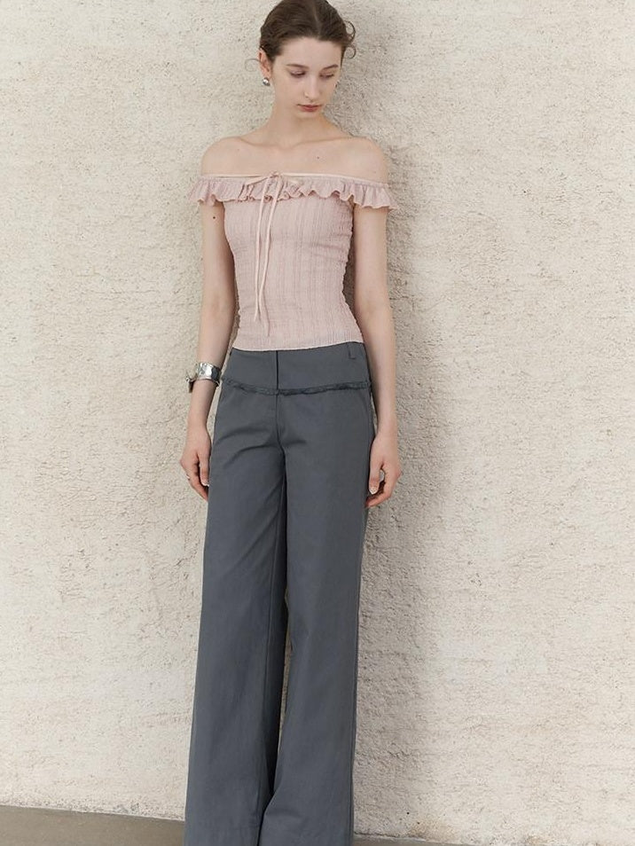 someonesometimes Lace Tie Slim Fit Short Solid Mauve Cream Daily Chic Off Shoulder Crop Tops