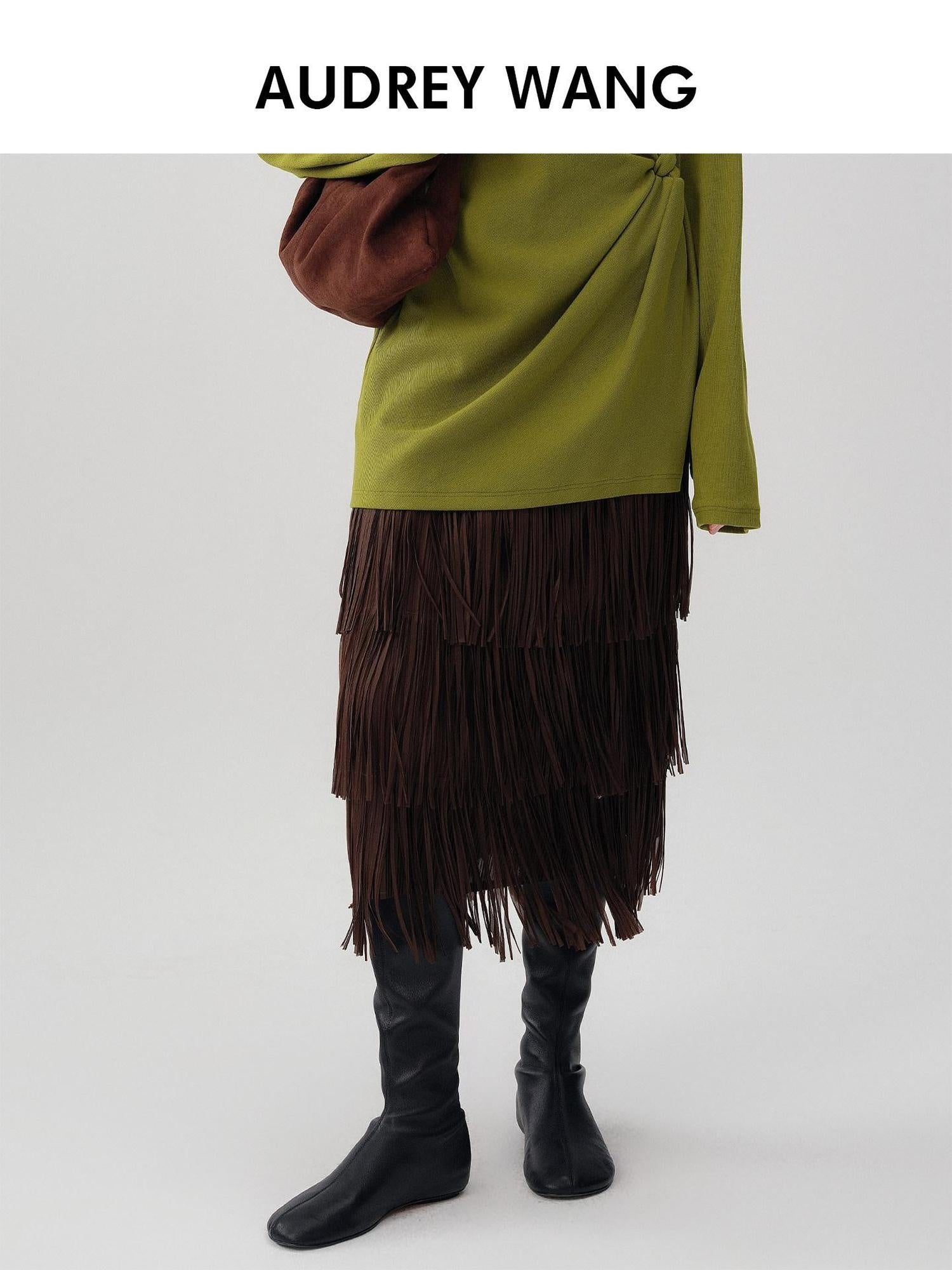 audreyyang Hand Pleated Tiered Fringe Mid Waist Casual Women Polyester Midi Skirts
