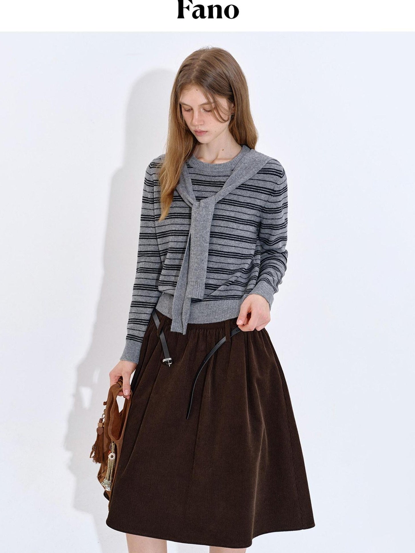 fano Lined High Waist Pleated Vintage A Line Cotton Brown Midi Skirts