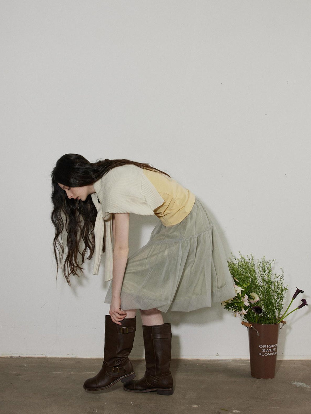 Lofi choose High Waist Bubble Skirt Relaxed Fit Office Custom Dyed Almond Gray Midi Skirts