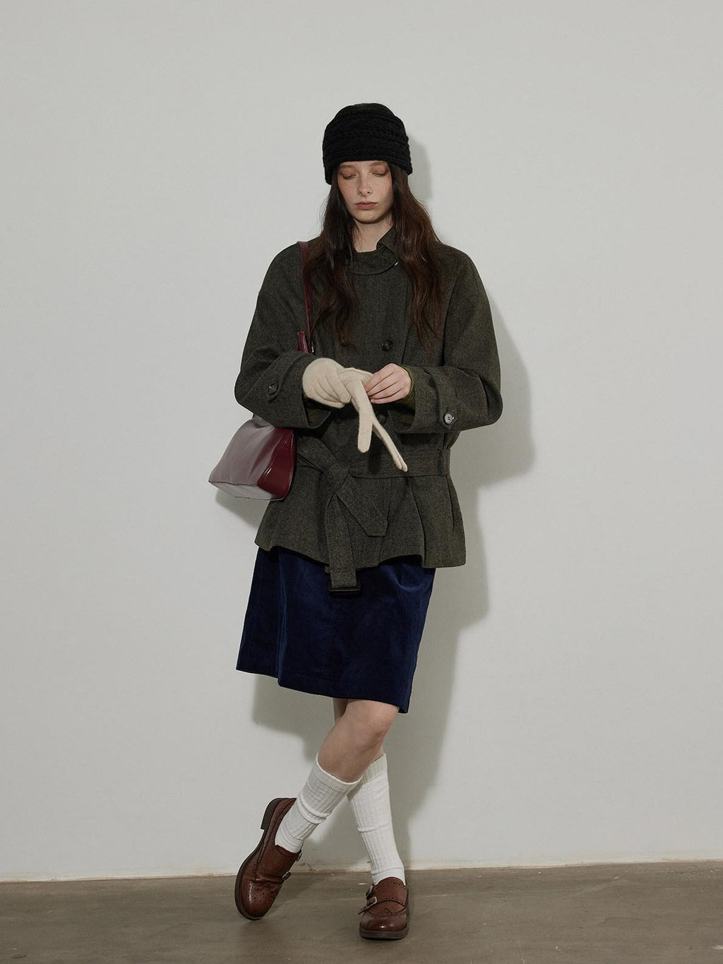 Lofi choose Cotton Pleated Vintage Aline Elastic Waist Loose Workwear Midi Skirts