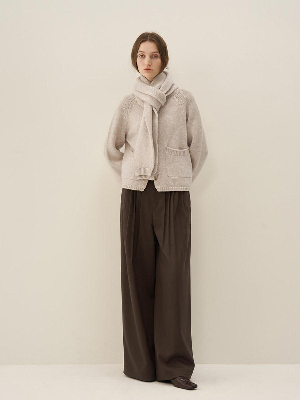 someone sometimes Wool Blend Button Front Round Neck Long Sleeve Commuter Oatmeal Beige Cardigans