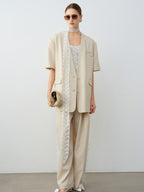 audreyyang Elegant Lace Natural Waist Office Loose Womens White Linen Blend Wide Leg Pants