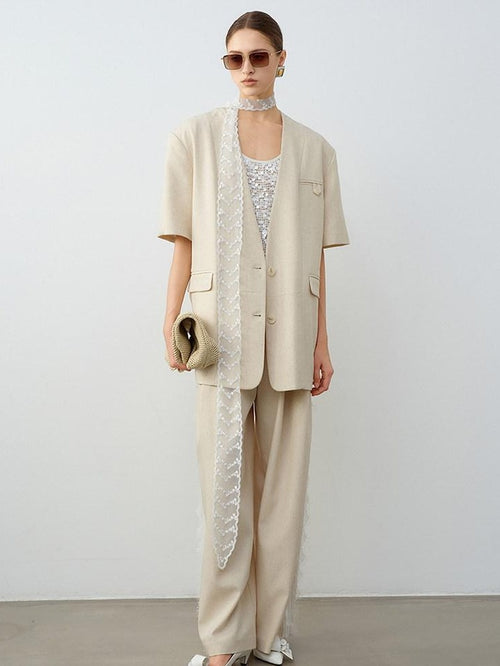 audreyyang Elegant Lace Natural Waist Office Loose Womens White Linen Blend Wide Leg Pants