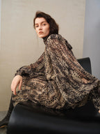 audreyyang Black Polka Dot Viscose Blend Puff Sleeve Cinched Waist Women Maxi Dresses