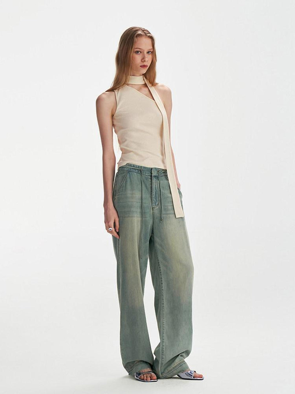 someonesometimes High Waist Washed Blue Denim Relaxed Fit Long Leg Stylish Women Wide Leg Jeans