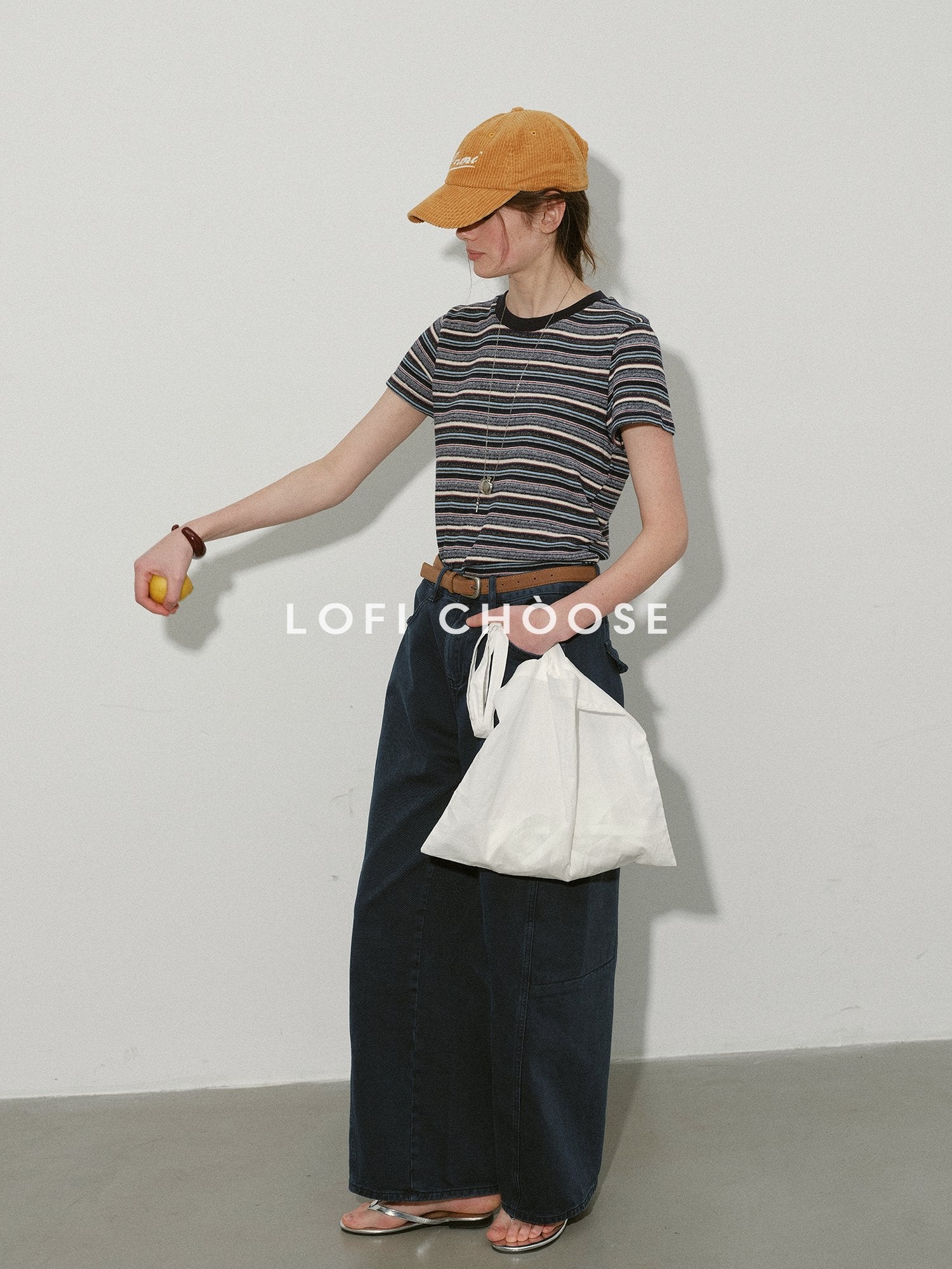 Lofi choose Vintage Colorblock Loose Fit Blue Striped Crew Neck Women Short Sleeve T-Shirts