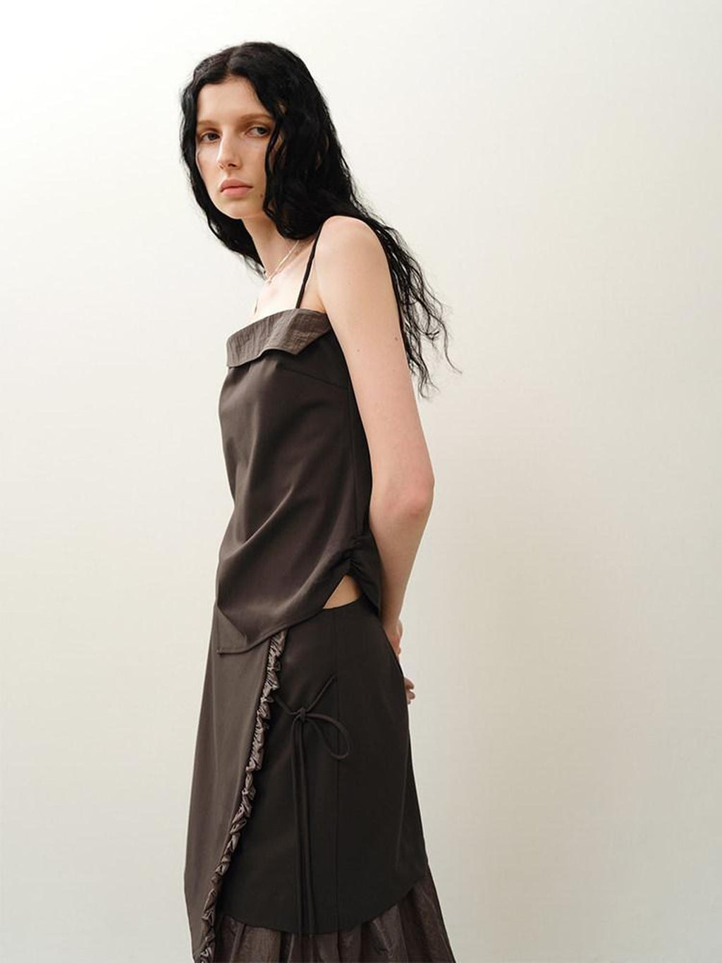 someonesometimes Original Coffee Viscose Blend Loose Camisole Midi Skirt Women Top & Skirt Sets