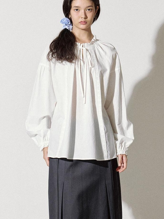 fano Breathable Lyocell Cotton Loose Round Neck Korean Long Sleeve White Blouses