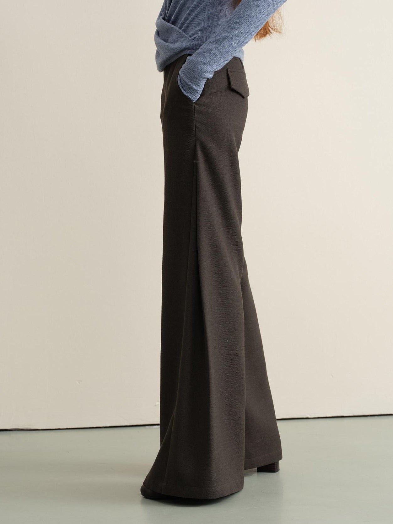 Stretch Knit Olive Gray Micro Flare Casual High Waist Women Flared Pants