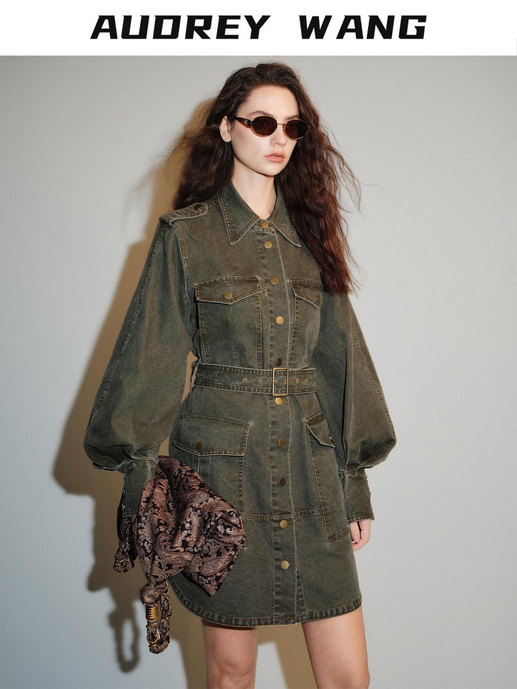audreyyang Pure Cotton Relaxed Utility Button Women Military Green Denim Jackets