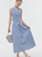fano Pure Cotton Sleeveless V-neck A Line Office Casual Women Blue Midi Dresses