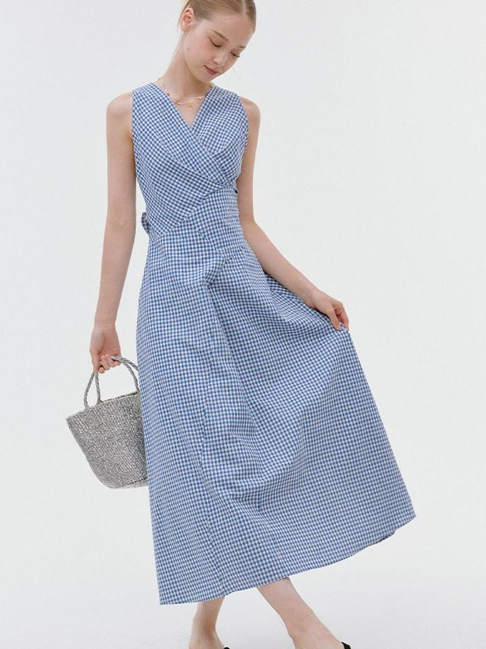 fano Pure Cotton Sleeveless V-neck A Line Office Casual Women Blue Midi Dresses