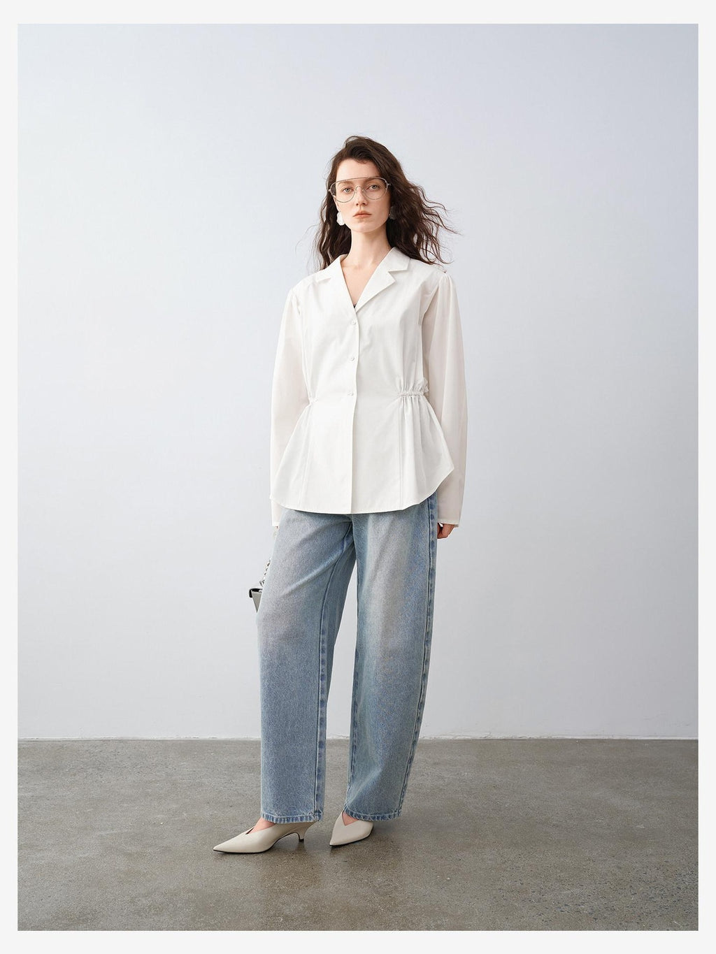 audreyyang Durable Viscose Slim Waist Casual Lapel Button Long Sleeve Blouses