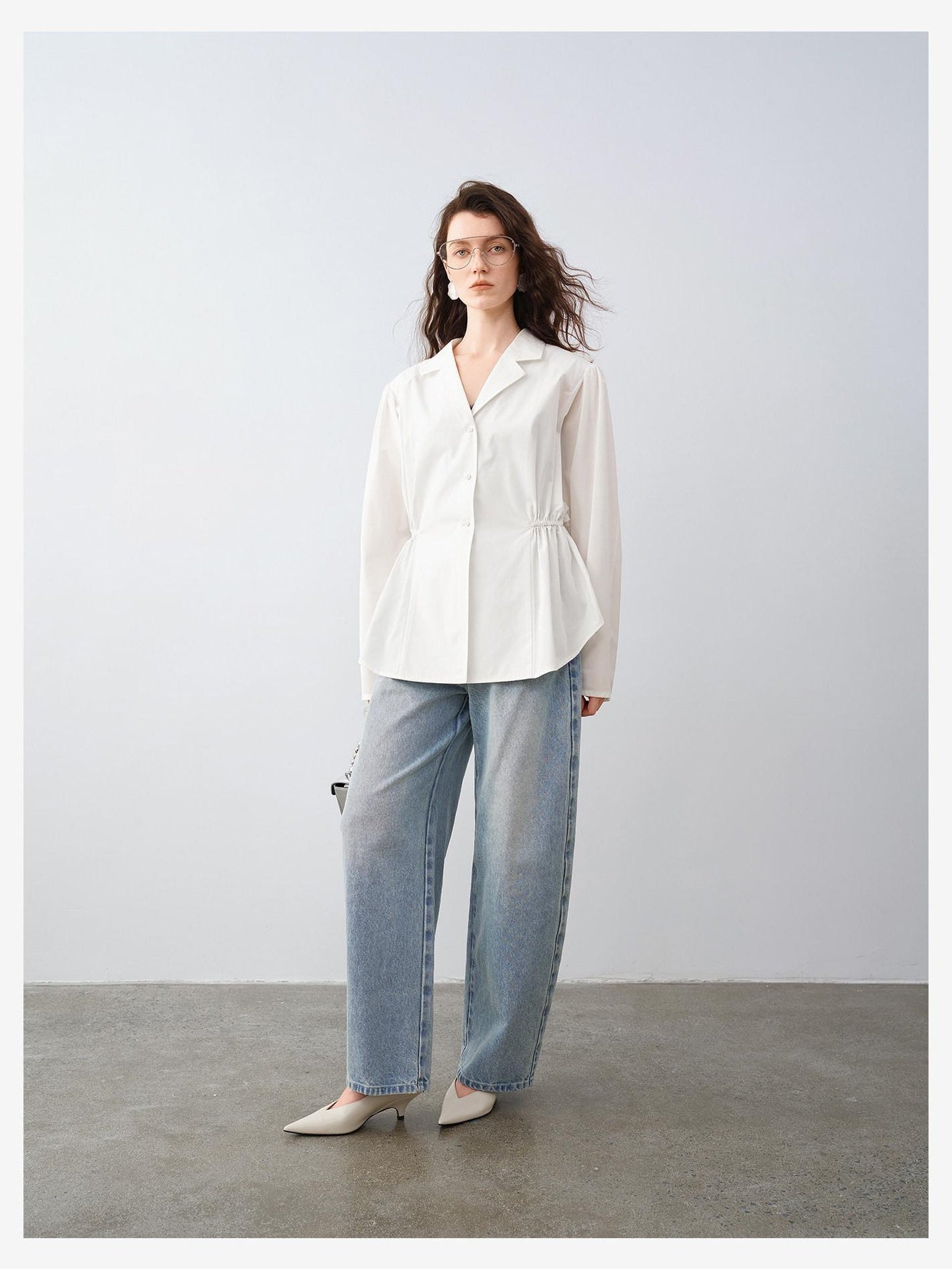 audreyyang Durable Viscose Slim Waist Casual Lapel Button Long Sleeve Blouses