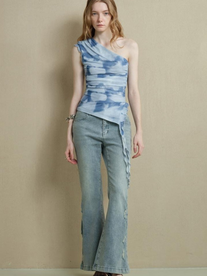 someonesometimes Lightweight Mesh Lettuce Trim Slim Fit Women Sky Blue Off Shoulder Crop Tops