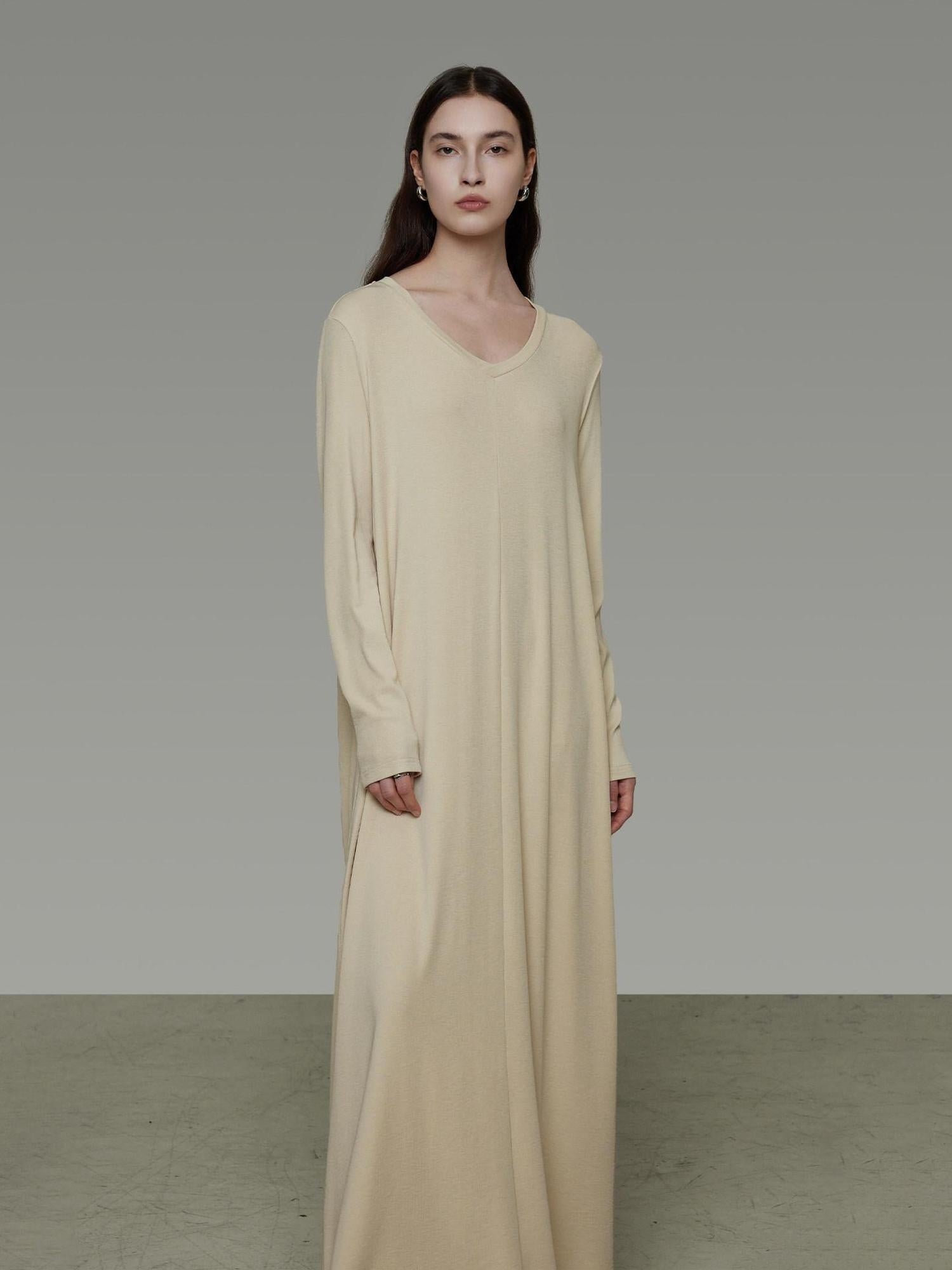 unspoken Non Fading Modal Cotton Long Sleeve Loose Waist Minimalist Commuter Maxi Dresses