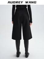 audreyyang Wool Blend Minimal Wide Leg Natural Waist Women Office Mid-Length Shorts