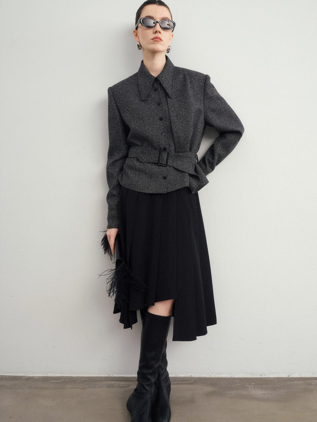 audreyyang Hand Pleated Lined Asymmetrical A Line Mid Waist Polyester Blend Midi Skirts