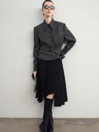 audreyyang Hand Pleated Lined Asymmetrical A Line Mid Waist Polyester Blend Midi Skirts