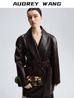audreyyang Thick Vintage Croc Embossed Doublebreasted Midlength Women Pu Leather Jackets