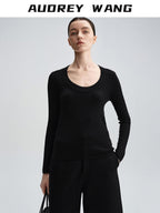 audreyyang Sheep Wool Slim Fit Crew Neck Knit Women Black Gray Brown Sweaters