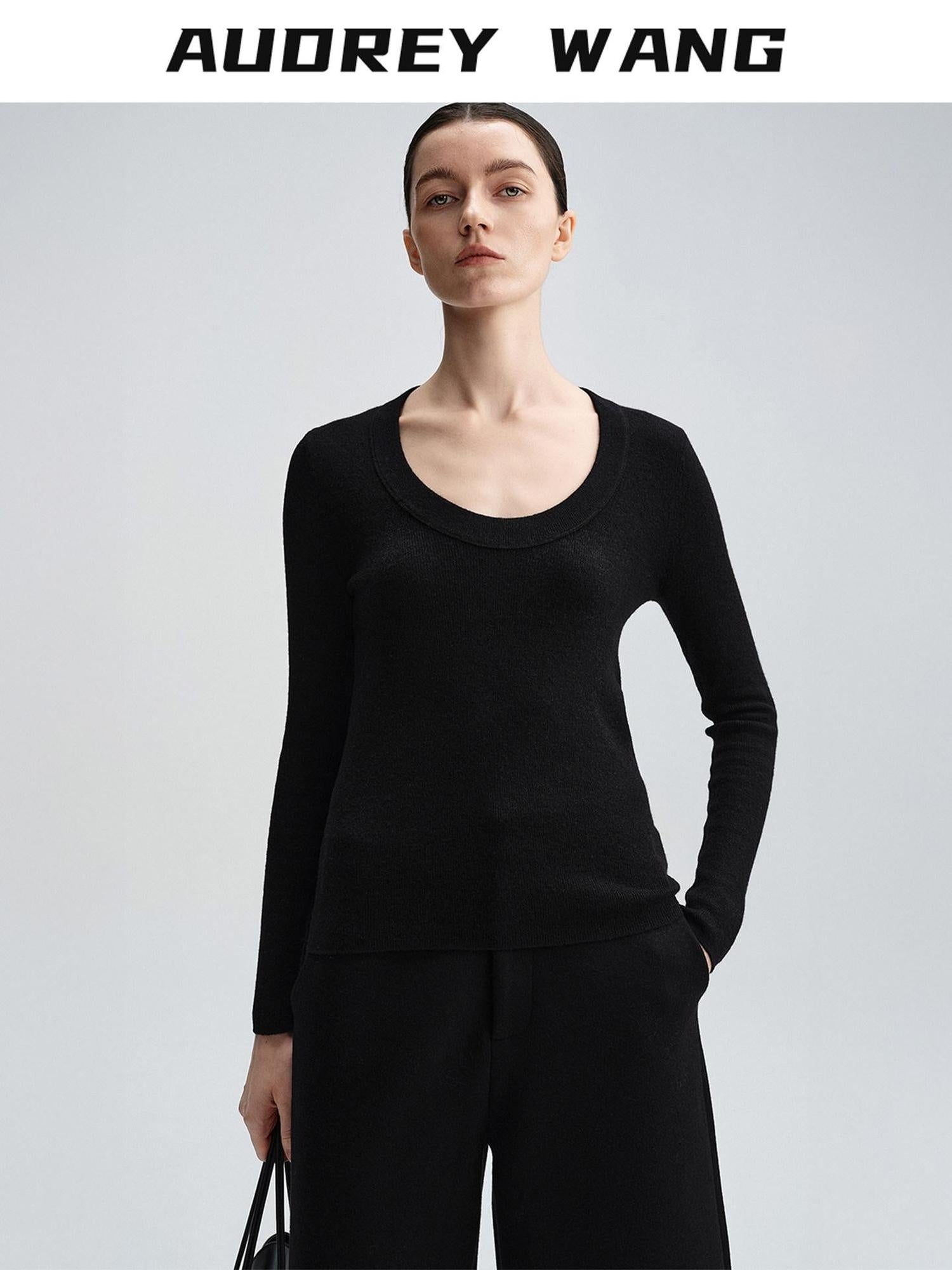 audreyyang Sheep Wool Slim Fit Crew Neck Knit Women Black Gray Brown Sweaters