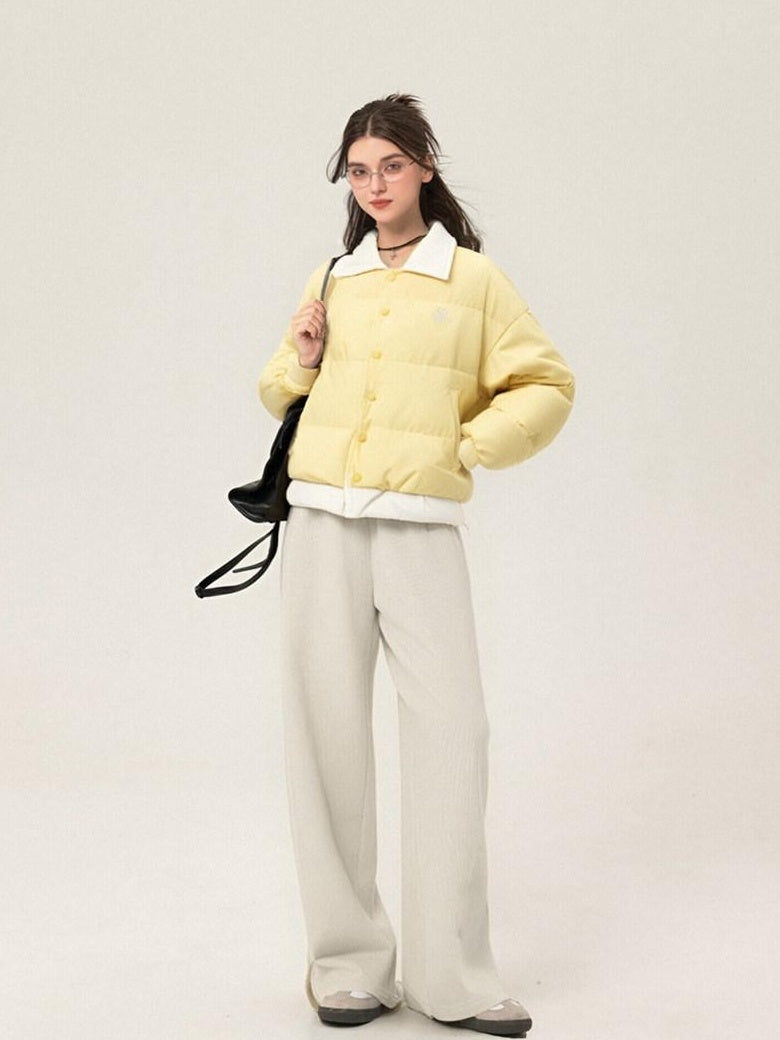 ikyou Embroidered High Waist Minimalist Office Beige Elastic Waist Wide Leg Pants