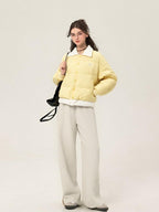 ikyou Embroidered High Waist Minimalist Office Beige Elastic Waist Wide Leg Pants