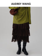 audreyyang Hand Pleated Crinkle Tassel Mid Waist Straight Lined Polyester Midi Skirts
