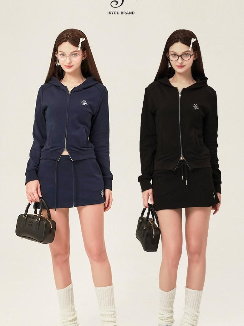 ikyou Sleek Slim Fit Zip Up Patchwork Pockets Commuter Cotton Lined Hoodie