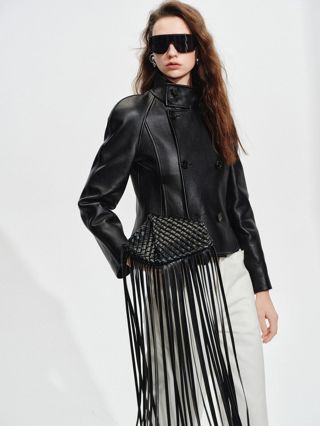 audreyyang Lambskin Vintage Loose Women Double Breasted Black Leather Jackets