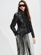 audreyyang Lambskin Vintage Loose Women Double Breasted Black Leather Jackets