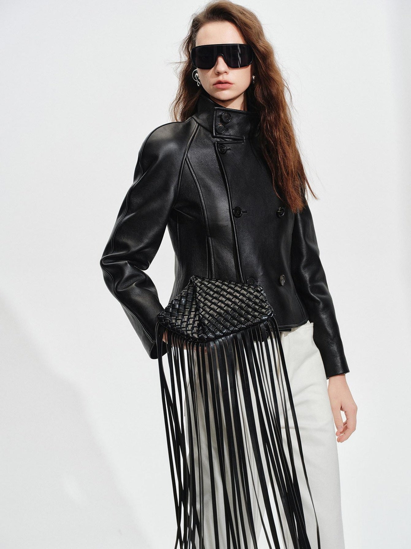 audreyyang Lambskin Vintage Loose Women Double Breasted Black Leather Jackets