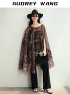 audreyyang Soft Leopard Mesh Off Shoulder A Line Loose Waist Casual Women Midi Dresses
