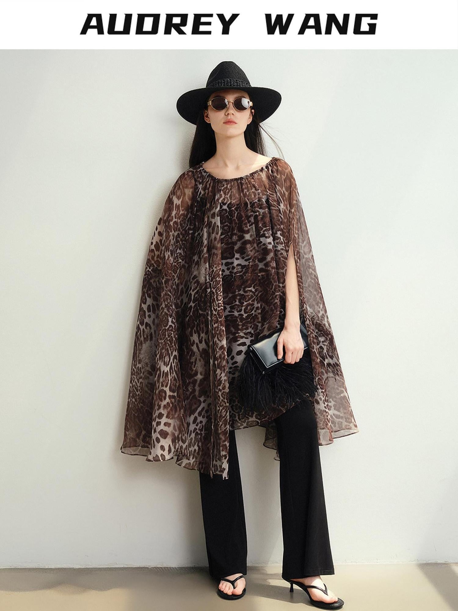 audreyyang Soft Leopard Mesh Off Shoulder A Line Loose Waist Casual Women Midi Dresses
