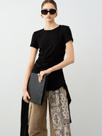 audreyyang Modal Cotton Ruched Commuter Slim Round Neck Womens Black Short Sleeve T-Shirts