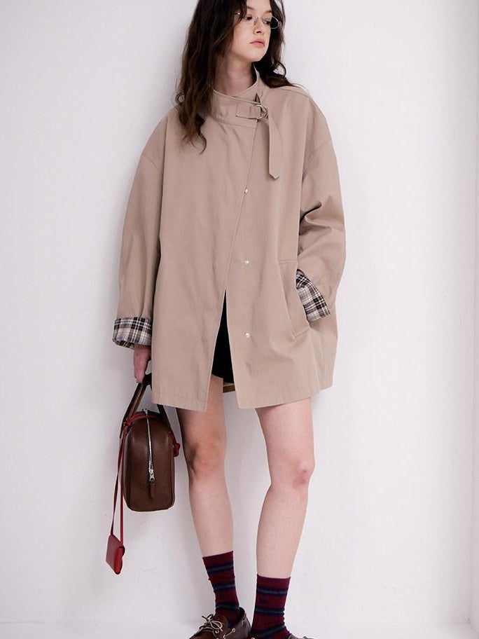 fano Khaki Loose Fit Single Breasted Mid Length Korean Casual Women Trench Coats