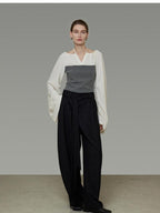 unspoken Breathable Cotton Contrast V-neck Loose Longsleeve Tie Front Women Blouses