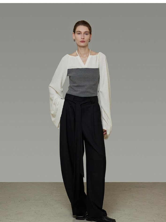unspoken Breathable Cotton Contrast V-neck Loose Longsleeve Tie Front Women Blouses