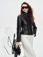 audreyyang Lambskin Vintage Loose Women Double Breasted Black Leather Jackets