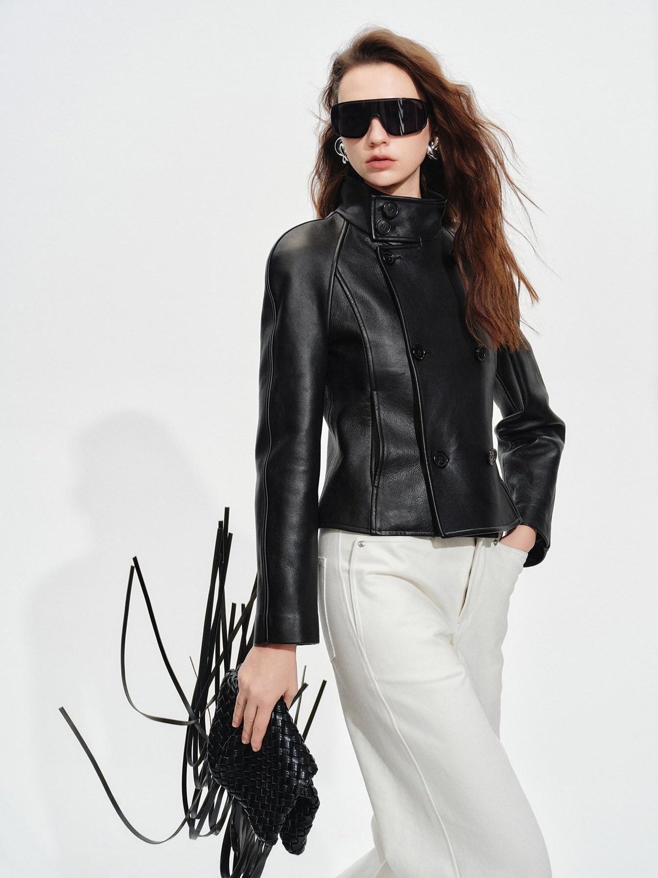 audreyyang Lambskin Vintage Loose Women Double Breasted Black Leather Jackets