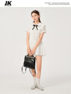 ikyou Pure Cotton Cinched Waist Minimal A Line Short Sleeve White Women Midi Dresses